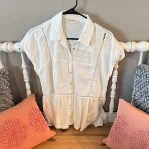 Lucky Brand White Eyelet Peplum Button-Front Blouse
